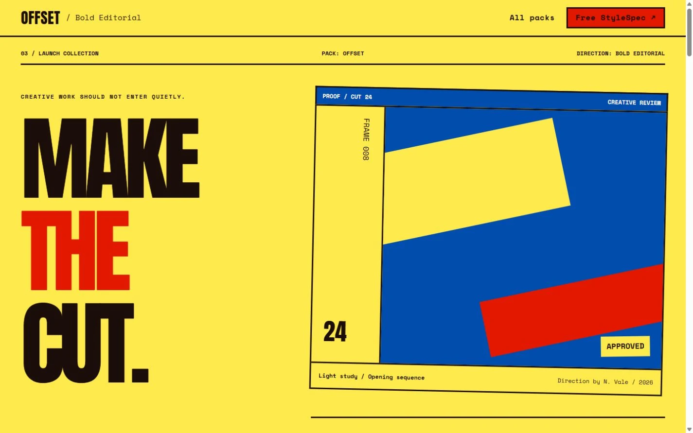 Offset showcase with bold yellow, red, blue, and black editorial composition