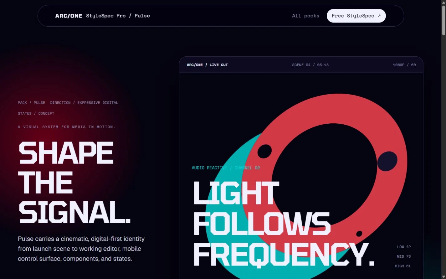 Pulse showcase with a dark audiovisual interface and saturated signal colors